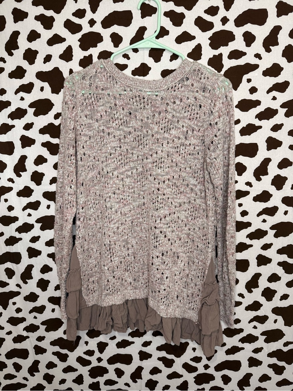 Knox Rose Women's L Gray Open-Knit Lightweight Crew Neck Ruffle Hem Sweater